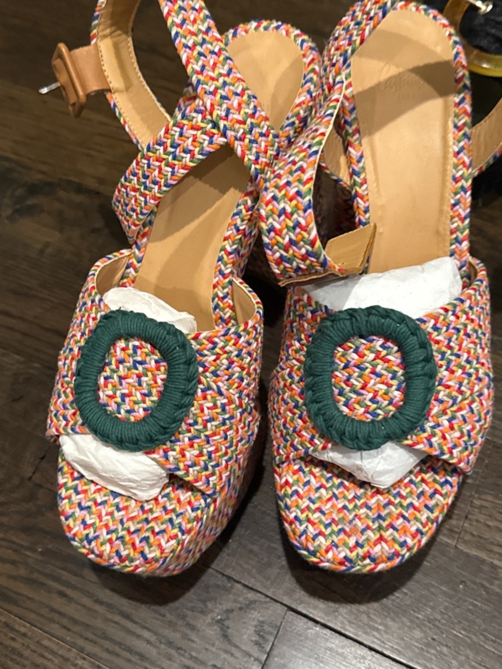 Castaner Multicolor Braided Platform Sandals with Green Ring Detail